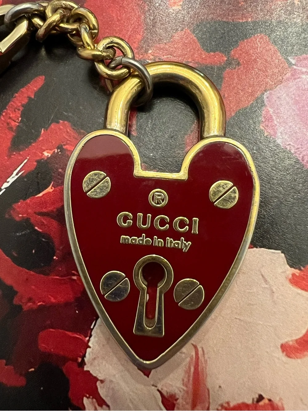 100% Authentic Gucci Red Enamel Heart Padlock Keychain / Bag Charm